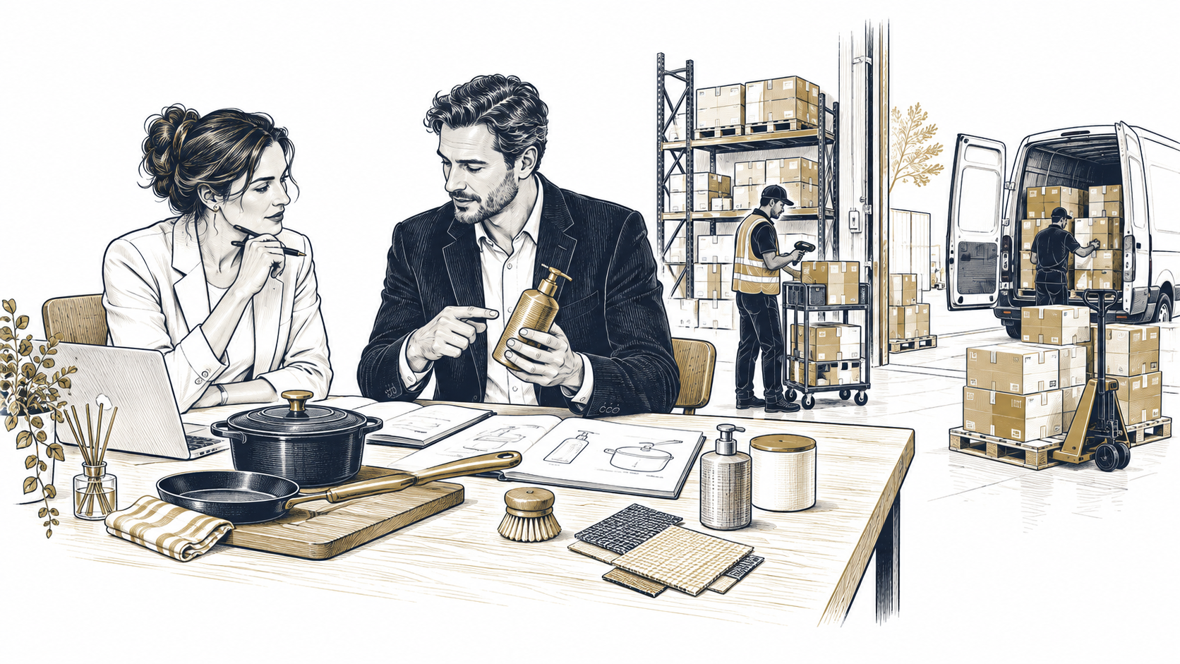 Two people review a manufacturer's product samples at a table while stock is picked and loaded in the warehouse behind them.