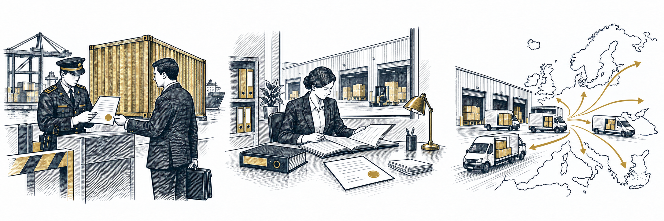 An importer hands a customs officer a declaration at the port, a fiscal representative reviews the VAT records, and parcels leave the warehouse for destinations across Europe