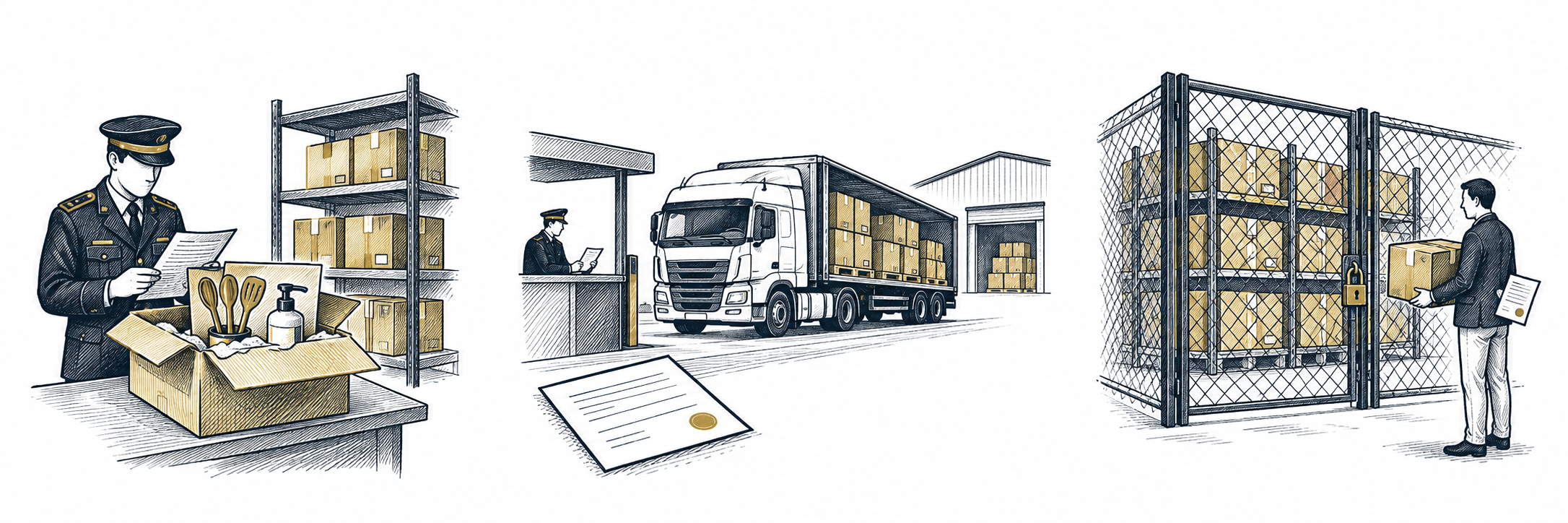 Three ways goods reach the EU market: a single parcel opened at customs, a truck of bulk stock cleared at the border, and bulk stock held in a locked customs warehouse.