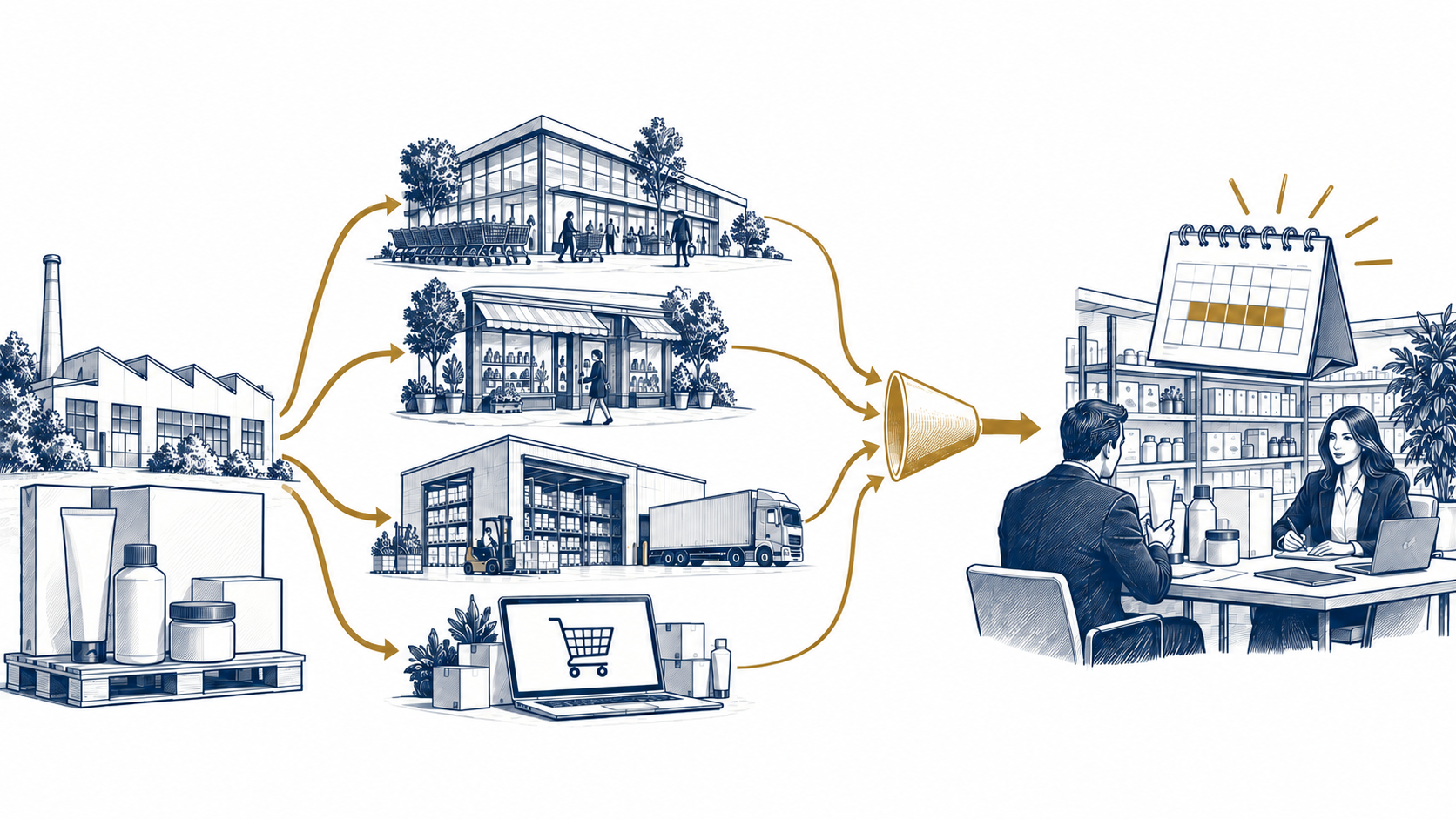 A manufacturer's products mapped to four kinds of buyer, retail chains, specialist shops, distributors and online stores, narrowing to a meeting with one buyer at the right point in the calendar.