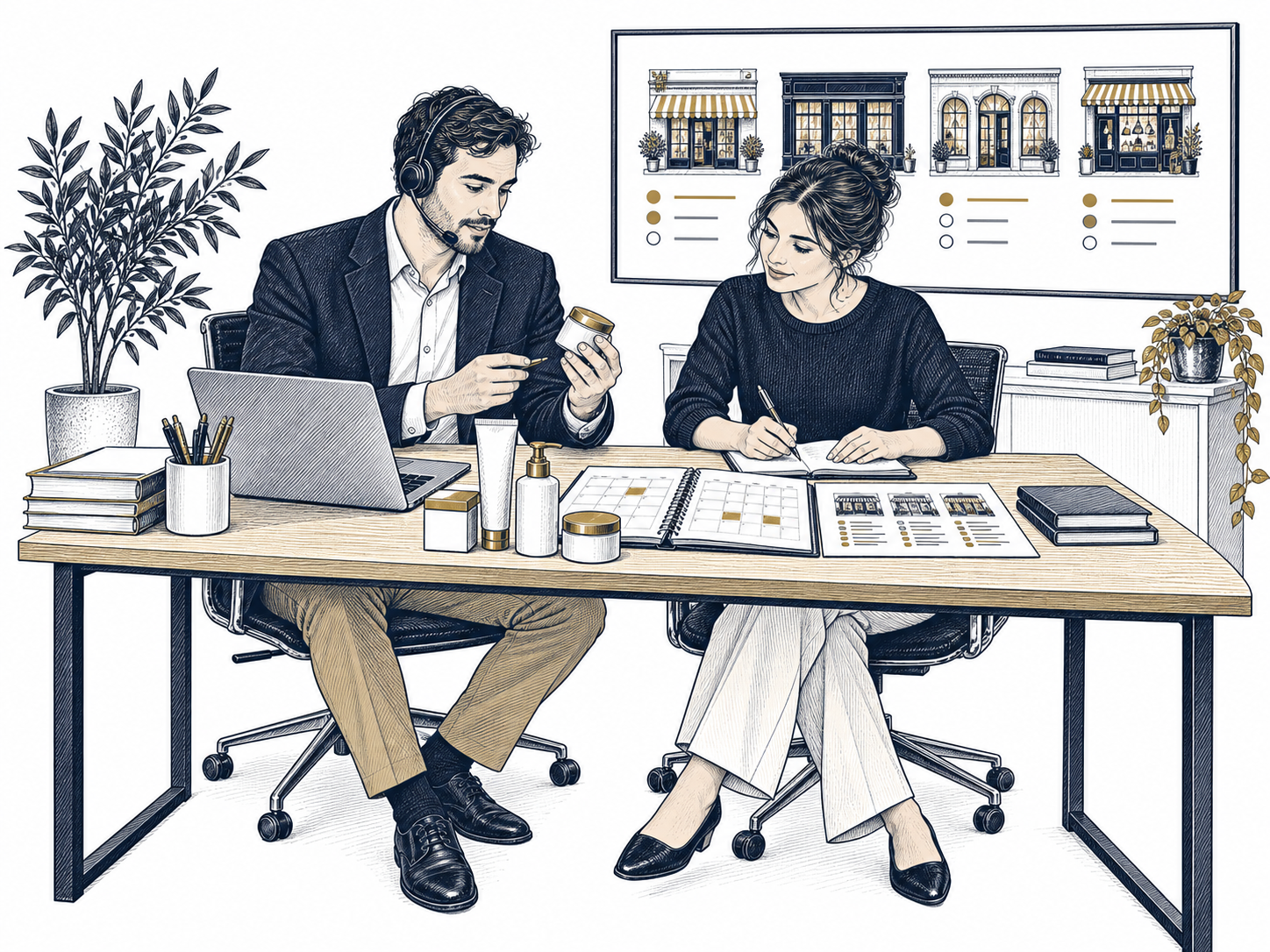 Two people working through a list of retail accounts, with a calendar of follow-ups and each account's status on the board behind them.