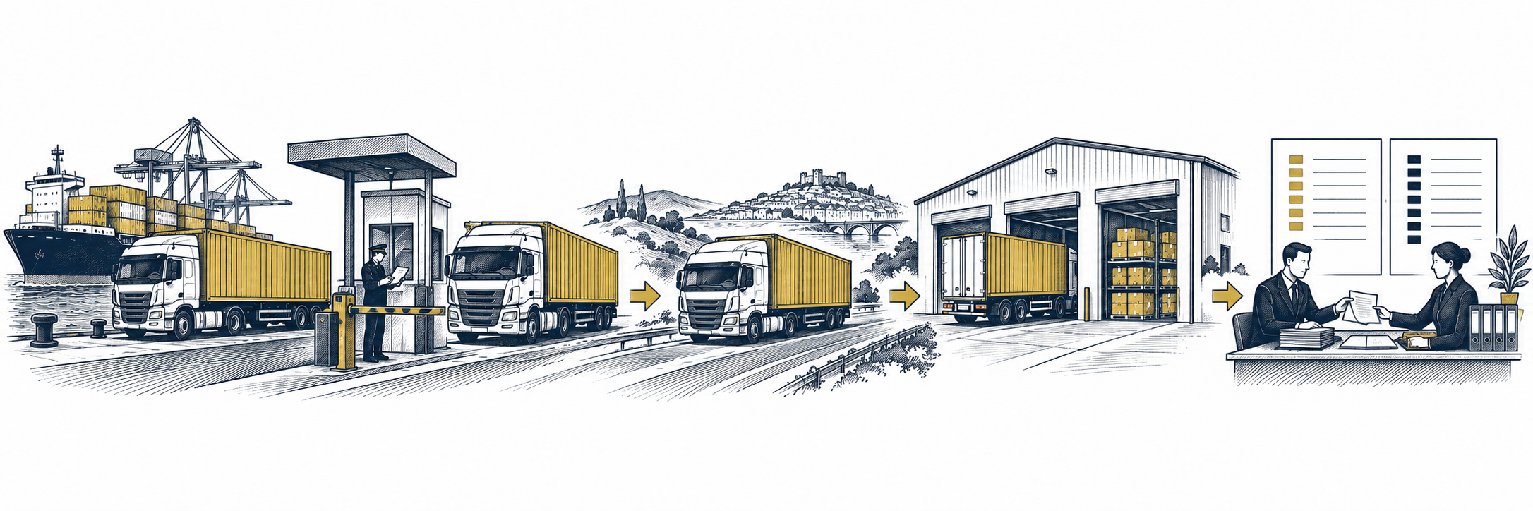 A container ship at an EU port, a truck passing the customs gate, the road to a European warehouse, and the paperwork of the VAT return at the end.