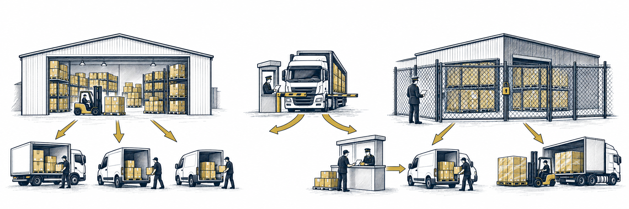 A shipment arriving at a customs gate and taking one of two routes: released on arrival into an open warehouse and shipped onward, or held in a fenced customs warehouse and released later, or sent out of the EU.