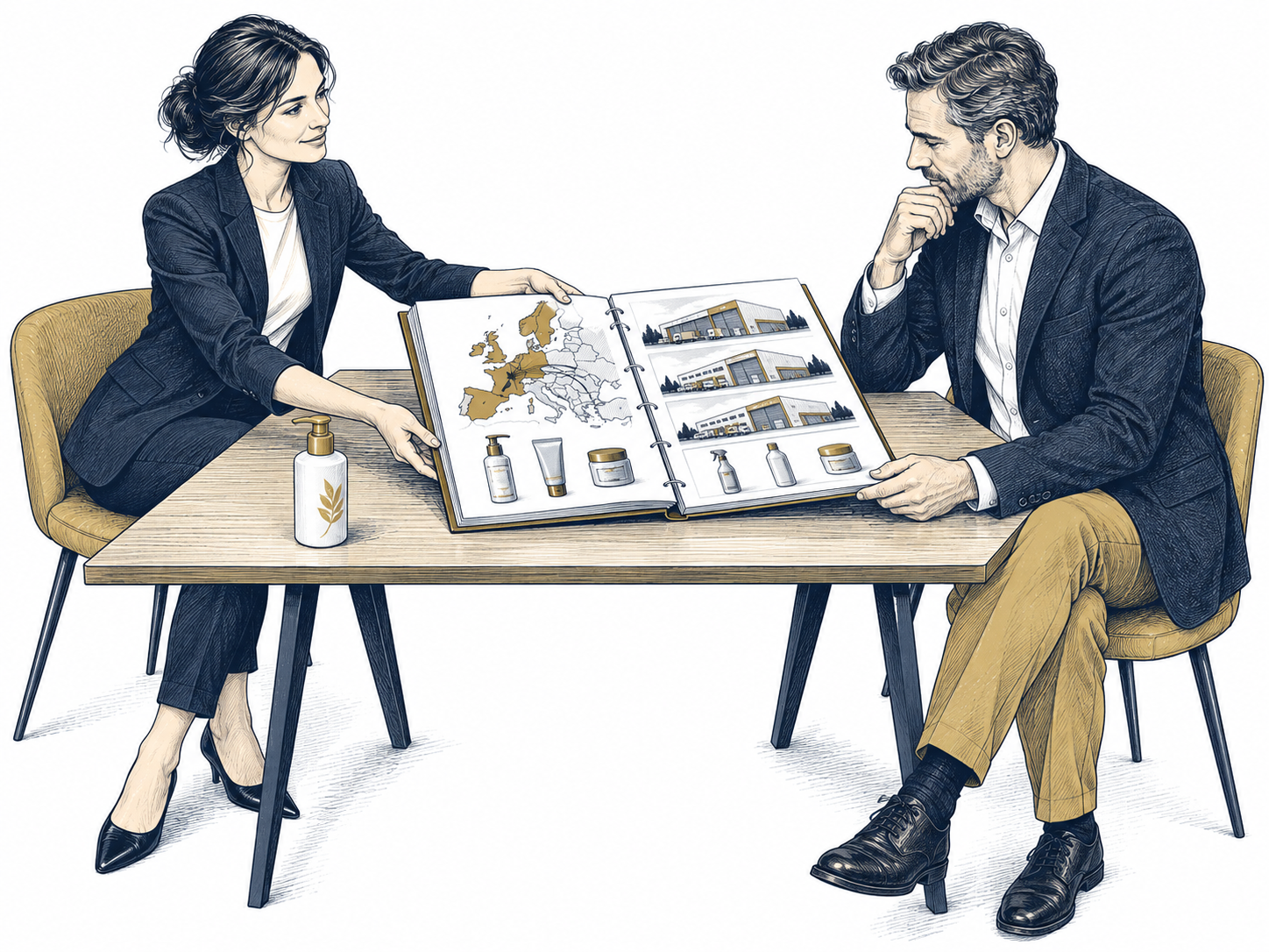 A research file handed across a table, open at a map of European markets and candidate distributors.