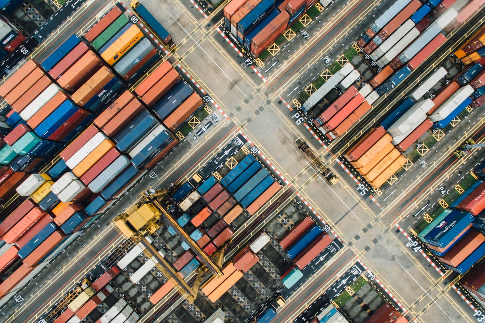 Aerial view of container terminals at a European port