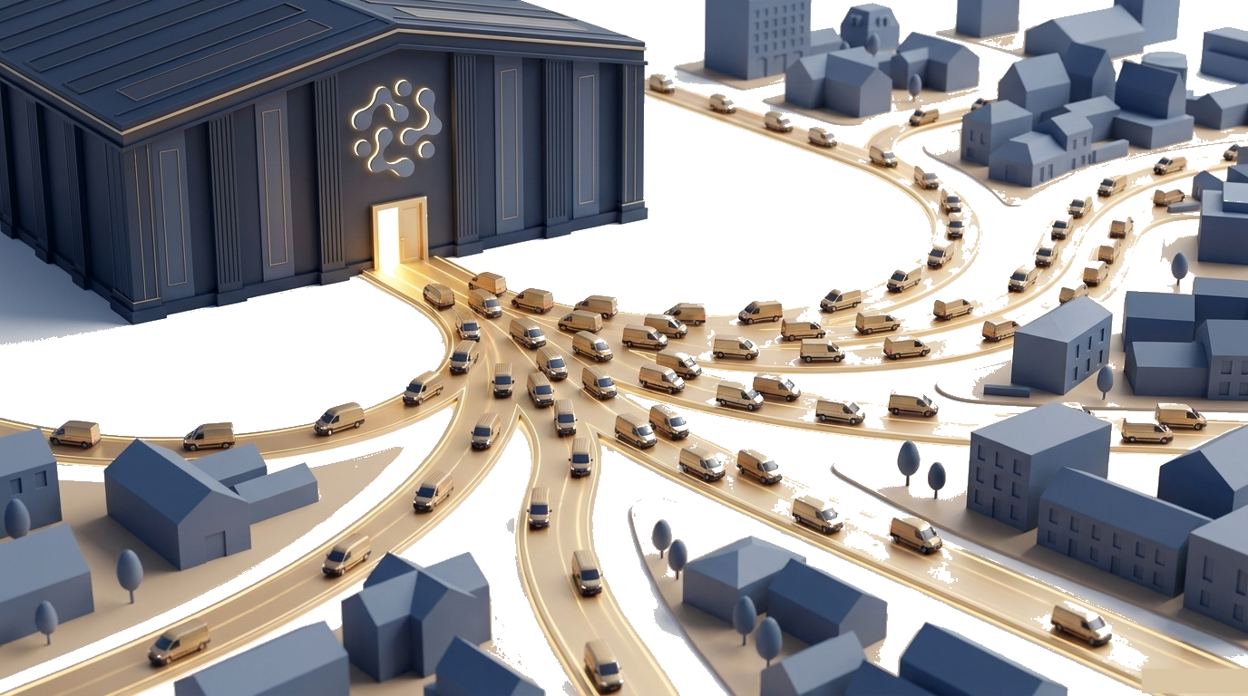 A dispatch centre on the left feeds a fan of delivery routes across a city on the right, showing the final domestic leg of delivery.