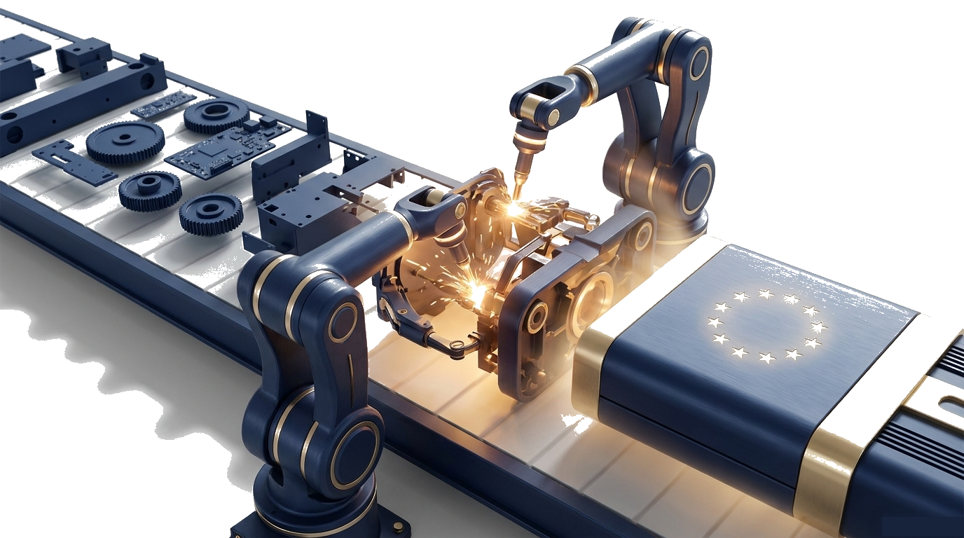 An assembly bench inside the EU on the left builds components into a finished product on the right, drawn carrying the EU mark that assembly can earn where the rules of origin qualify.