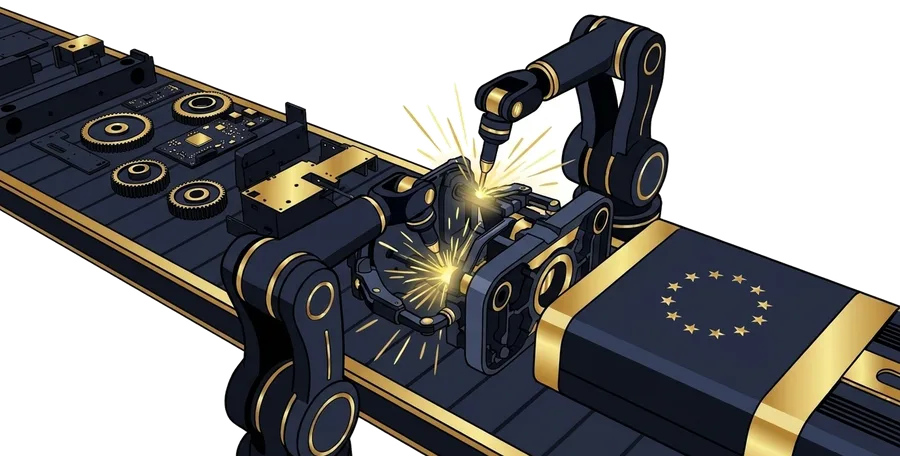 An assembly line inside the EU: components arrive as parts and are assembled into a finished unit that leaves carrying a European mark, the origin assembly can earn where the rules of origin qualify.