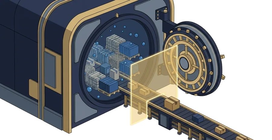 The bonded operation: goods land once and rest inside a sealed bonded warehouse, then release onto the dispatch line one order at a time, on demand.