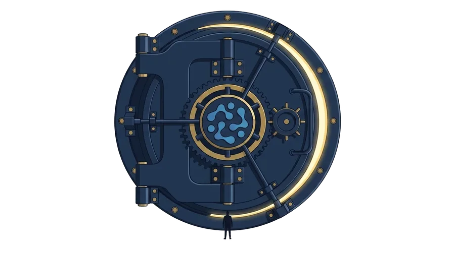 A vault door bearing the EFC mark, a person standing at its base: the recognised legal standing for VAT that fiscal representation gives a non-resident business inside the EU
