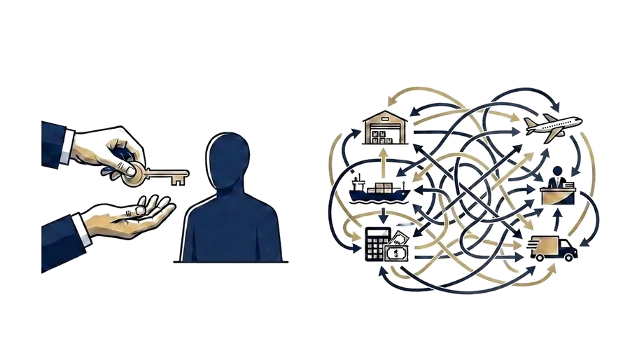 The false choice drawn two ways: on one side a hand gives away a key to a faceless figure, the market handed to a middleman; on the other an operator stands inside a tangle of arrows between a warehouse, a ship, a plane, a calculator and a delivery van, the complexity carried alone.