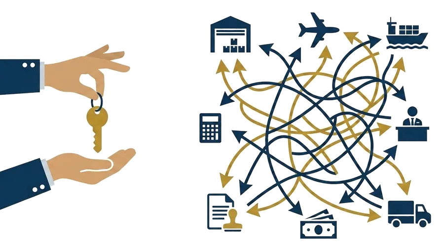 A network of touchpoints, a warehouse, a port, an inspector's desk, a delivery van, converging on one named point of contact