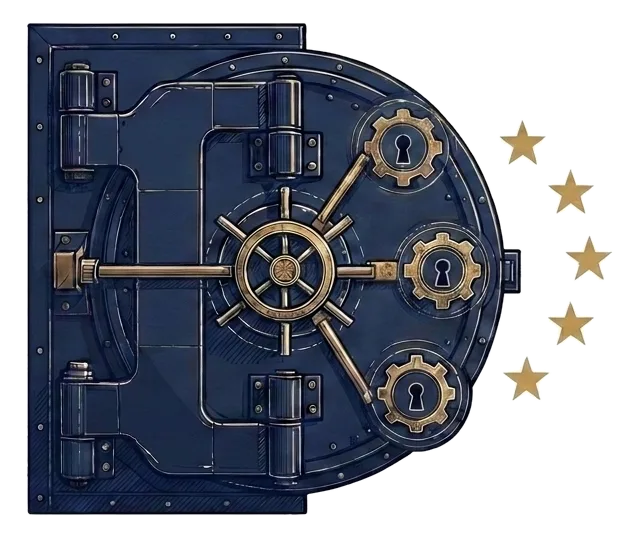 A regulatory wall marked with the European stars: one OSS registration covers VAT obligations across all 27 EU member states behind it