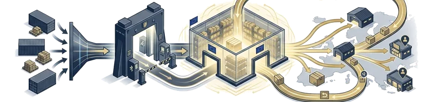 Goods pass through one gate, clear, and radiate out to warehouses, retail, and customers across Europe