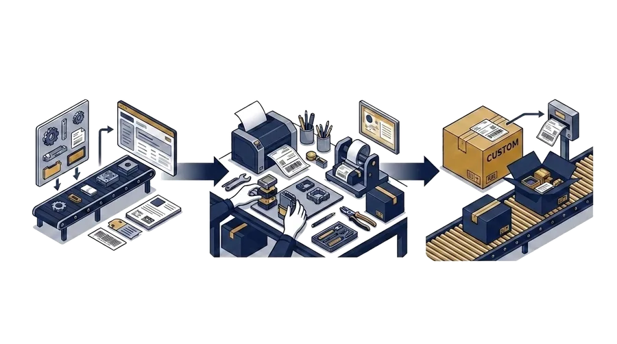 Value-added fulfilment: an order drops, the unit is assembled and adapted, then packed and labelled for dispatch.